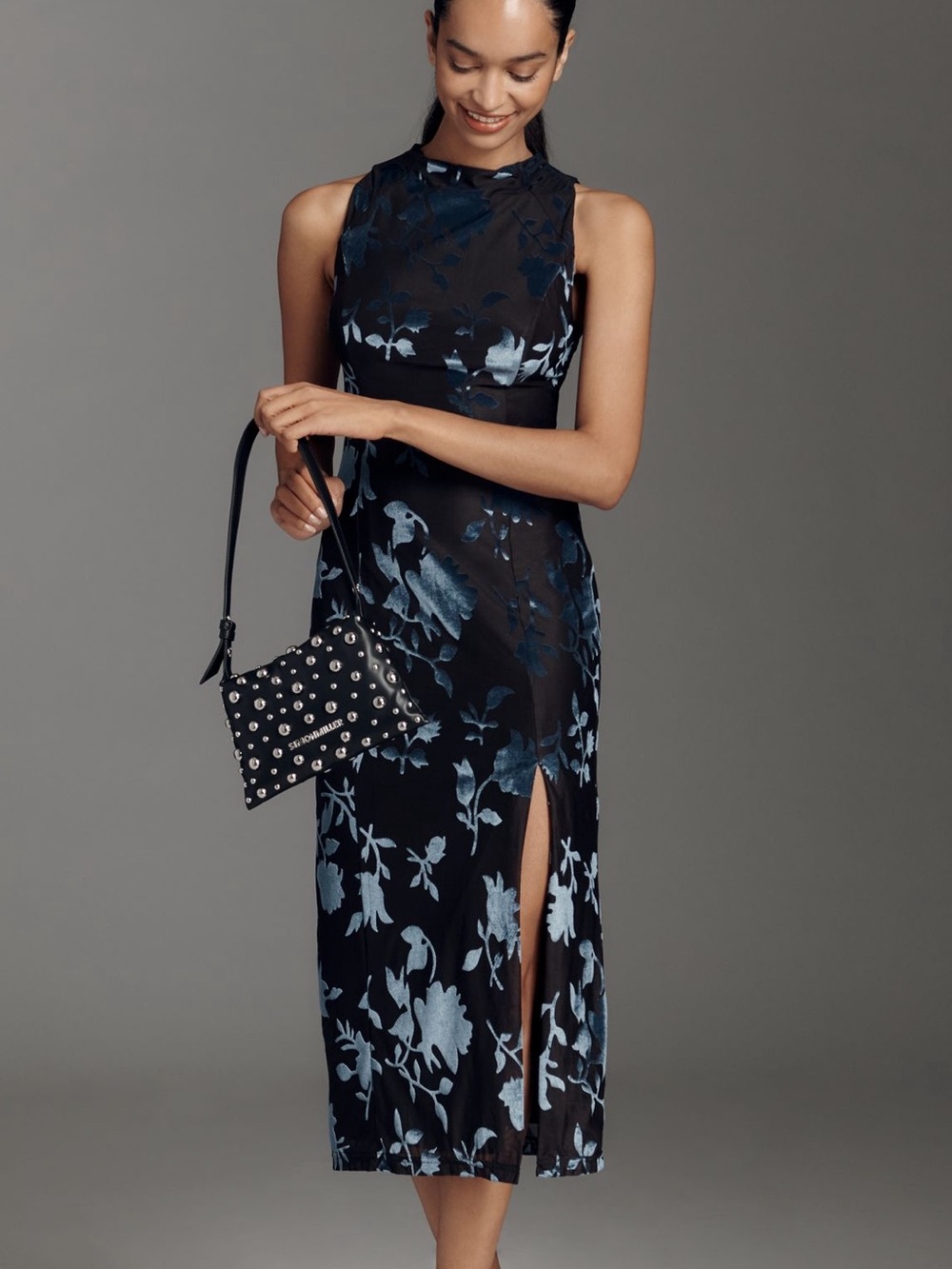 Hutch Darby Burnout Velvet Floral Midi Dress Blueberry Size Small NWT